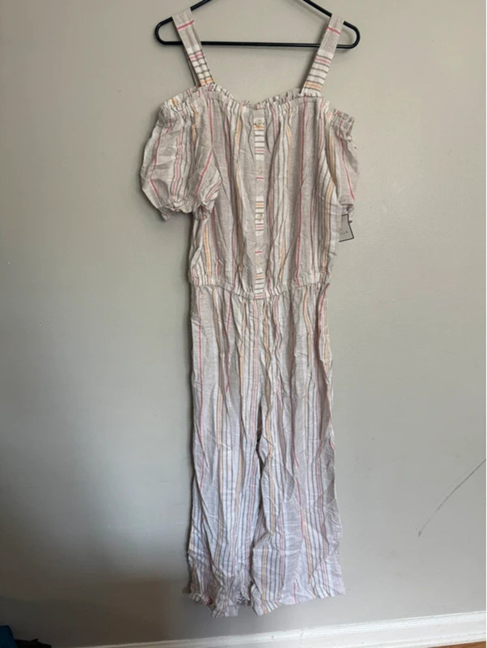 Rafaella Linen Blend Striped Cold-Shoulder Wide Leg Jumpsuit NWT XL